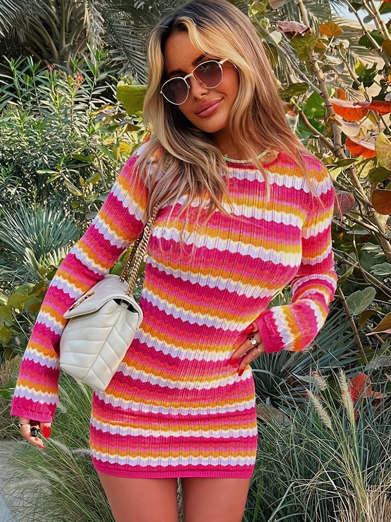 Chevron Backless Bodycon Dress Y2K Sexy Long Sleeve Dress
