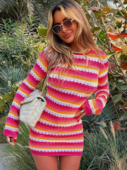 Chevron Backless Bodycon Dress Y2K Sexy Long Sleeve Dress