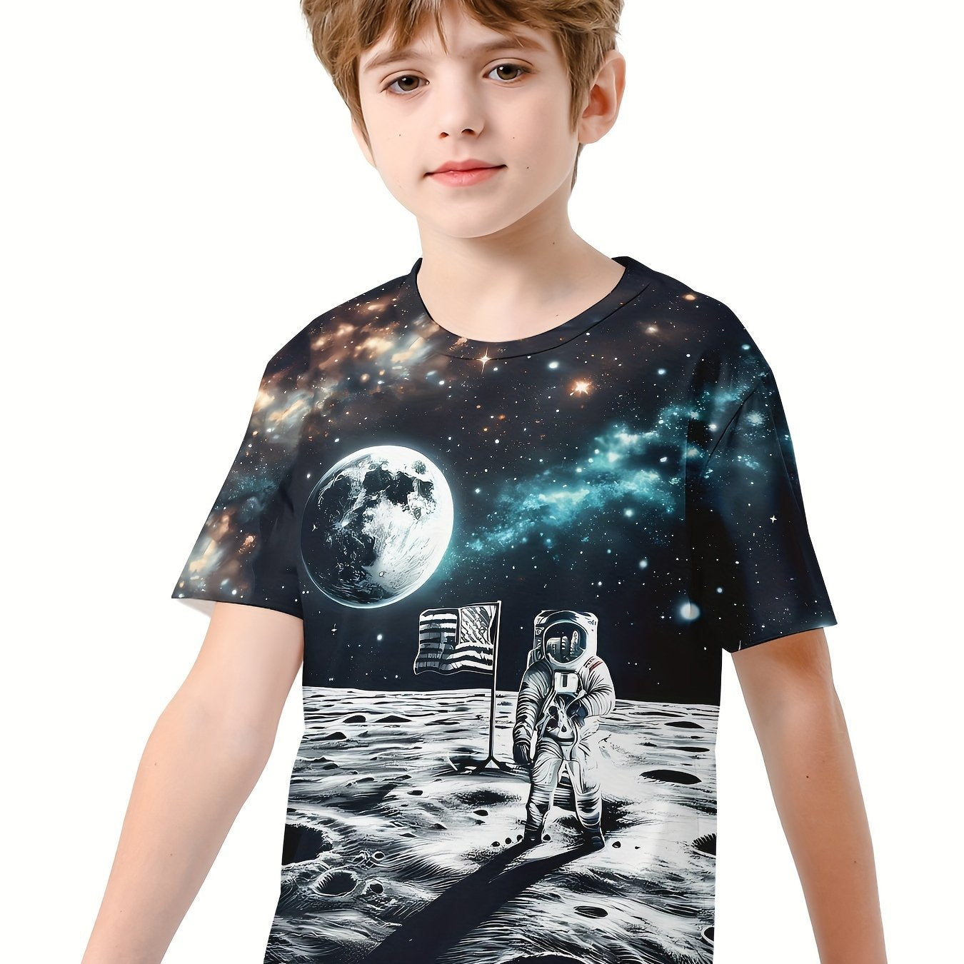 Astronaut on Moon 3D Print Boy's Casual Tees Short Sleeve