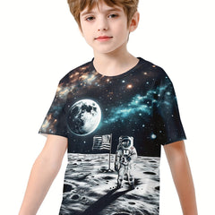 Astronaut on Moon 3D Print Boy's Casual Tees Short Sleeve