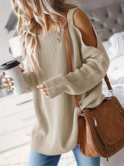 Casual Sweater Women's Plus Solid Long Sleeve Cold Shoulder Jumper