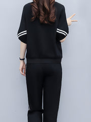 Striped Print Zipper Front T-shirt & High Waist Set
