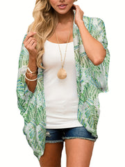 Leaf Print Cover Up Shirt V Neck Loose Fit Half Sleeves Non Stretch