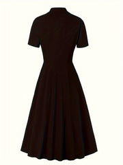 Retro Dress Women's Plus Solid Double Breast Button Short Sleeve