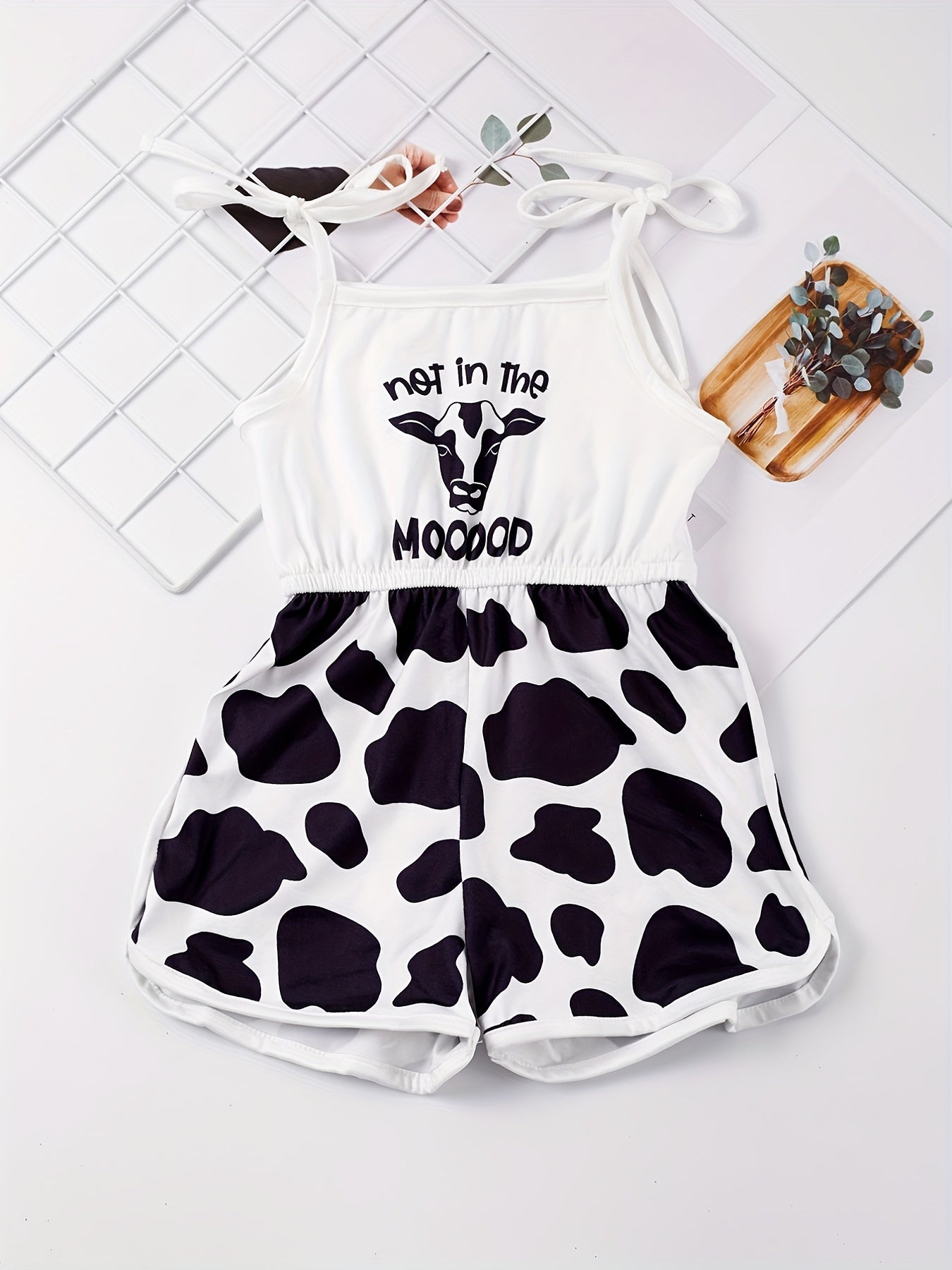 Toddler Girls Cow & Letter Graphic Shoulder Bow Cami Rompers Jumpsuits