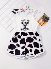 Toddler Girls Cow & Letter Graphic Shoulder Bow Cami Rompers Jumpsuits