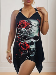 Gothic Cami Tops Women's Plus Skull & Rose Print Cami Tops