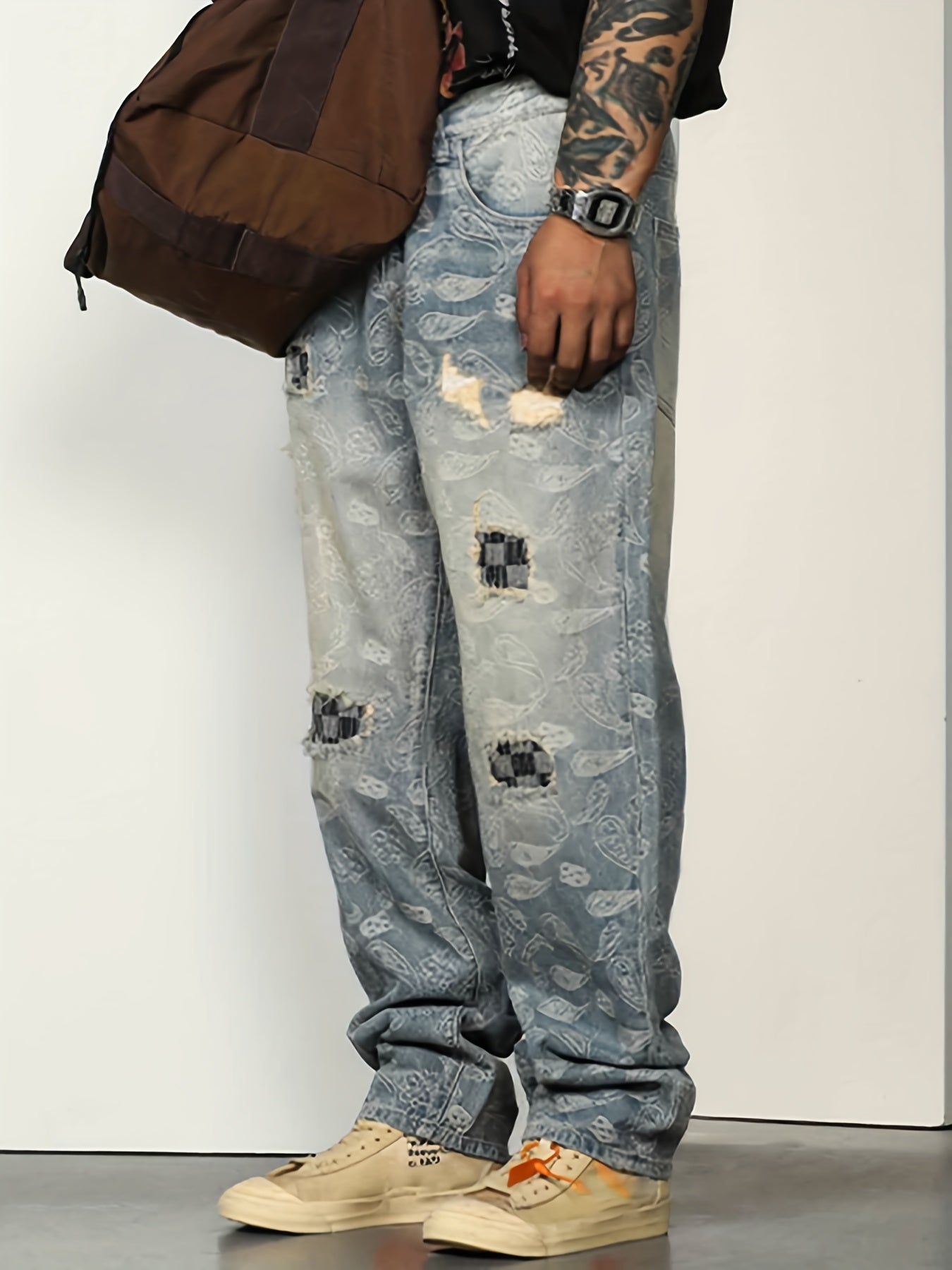 Men's Paisley Patchwork Jeans Loose Fit Casual Street Style