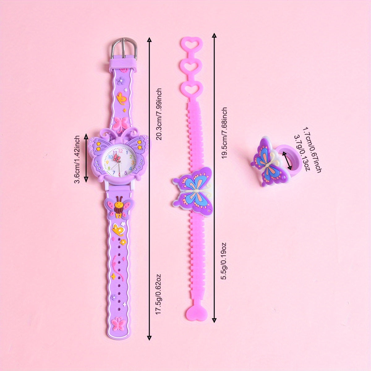 3pcs 3D Cartoon Butterfly Silicone Strap Girls' Watch