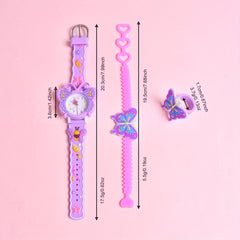 3pcs 3D Cartoon Butterfly Silicone Strap Girls' Watch