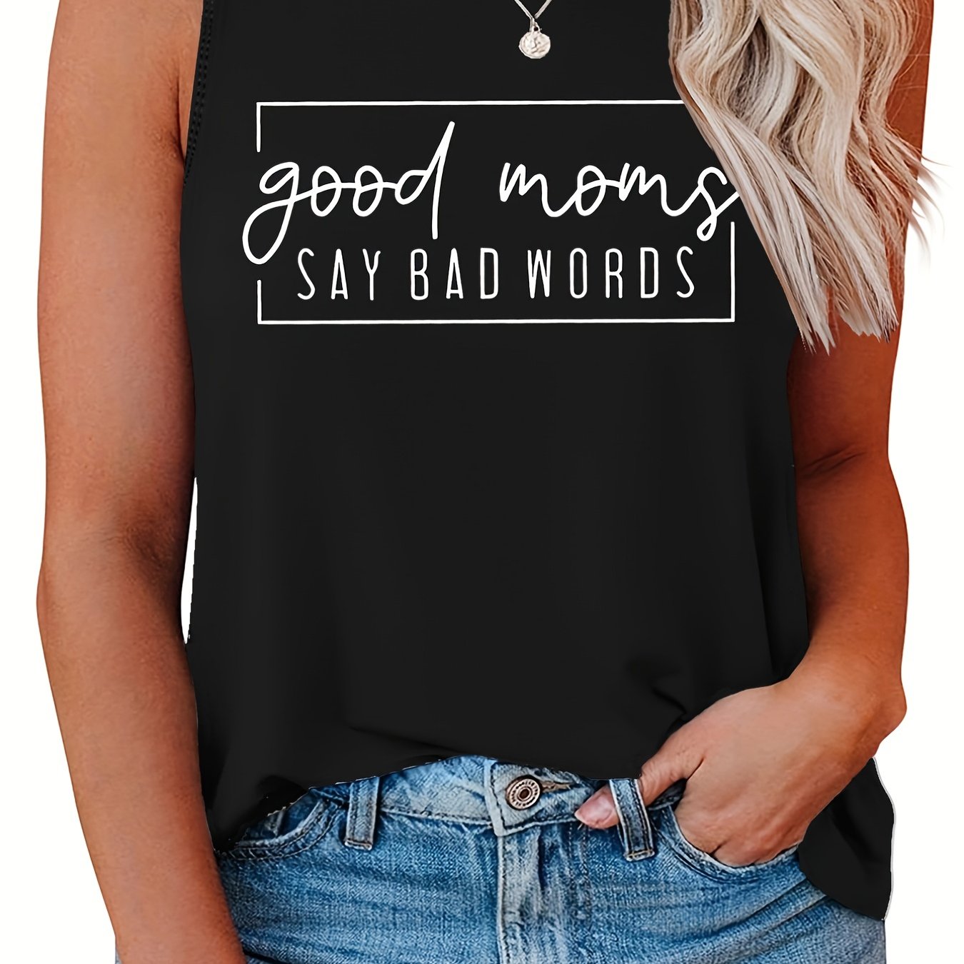 Casual Top Women's Plus Slogan Print Round Neck Tank Top