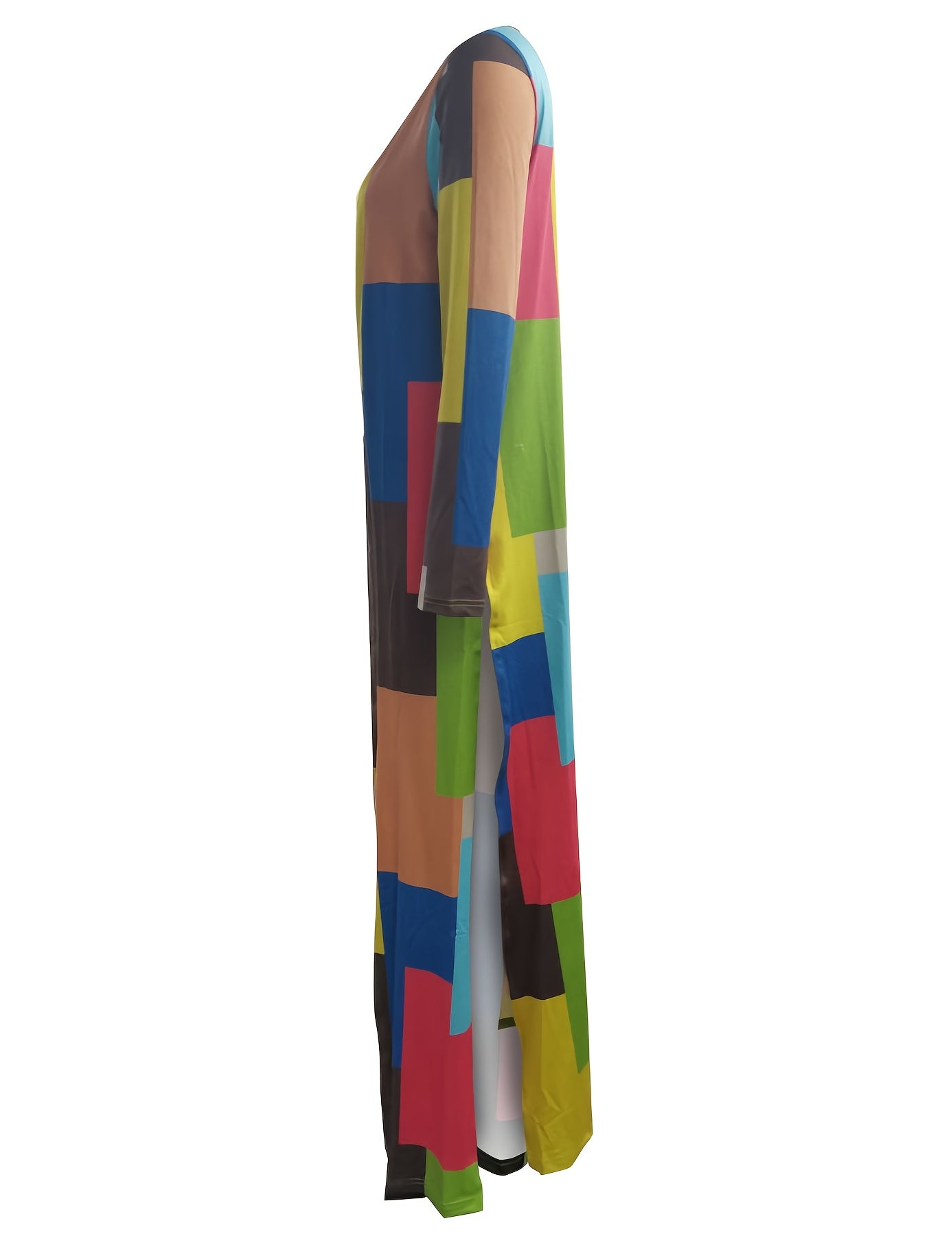 Colorful Patchwork Coat Split Open Front Long Length Coat Women's Clothing