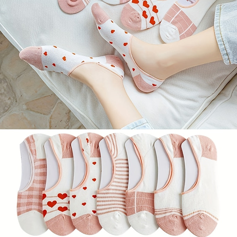 7 Pairs Heart Print Low Cut Ankle Socks Women's Stockings
