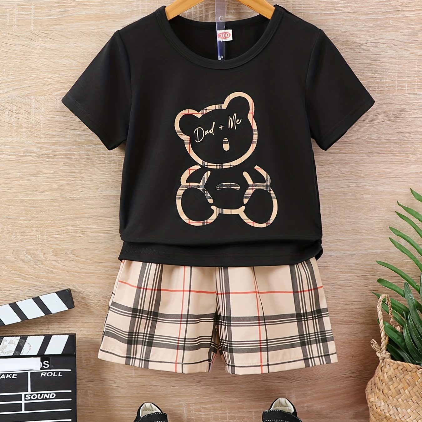 Boys Dad Me Bear Graphic Outfit Short Sleeve Tee & Plaid Sho