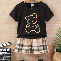 Boys Dad Me Bear Graphic Outfit Short Sleeve Tee & Plaid Sho