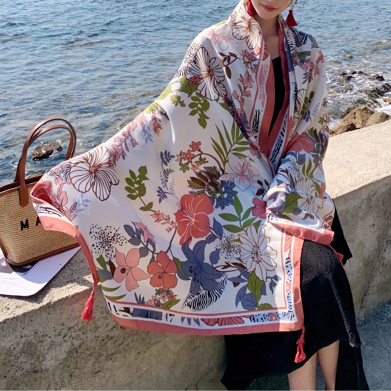 Pink Flower Print Tassel Scarf Boho Shawl Outdoor Sunscreen Head Wrap