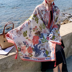 Pink Flower Print Tassel Scarf Boho Shawl Outdoor Sunscreen Head Wrap
