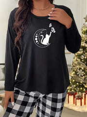 Women's Plus Moon & Cat Long Sleeve Crew Neck Tee