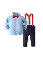 Boys Gentleman Outfits Long Sleeve Slim Fit Bowtie Shirt&Suspender Pants