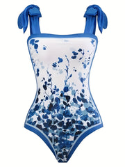 Floral Print Tie Shoulder One Piece Bathing Suit with Sarong Cover Up