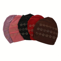 Rhinestone Flower Decor Beanie Turban Cap Slouchy Head Wrap
