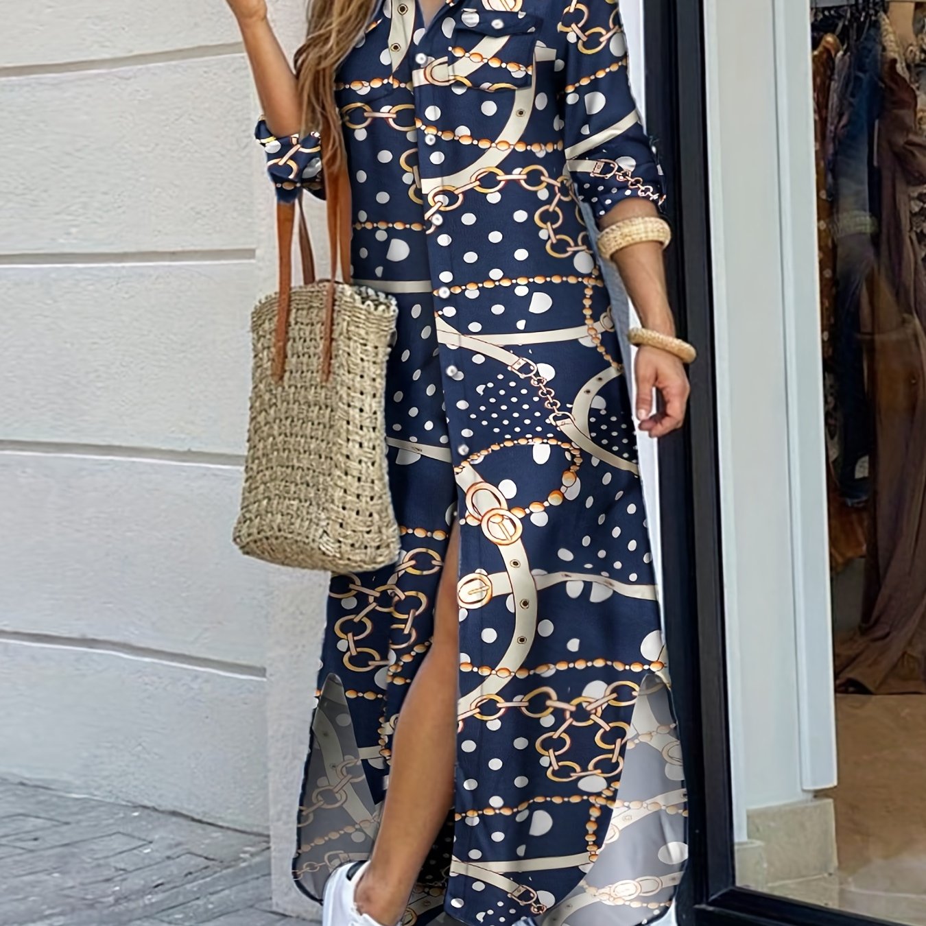 Polka Dot & Chain Print Shirt Dress Button Long Sleeve