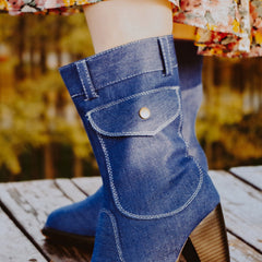 Women's Denim Mid Calf Boots Side Zipper Chunky High Heeled Boots