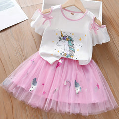 2pc Toddler Girls Unicorn Bow Top & Tutu Skirt Set For Party Kids Summer Clothes