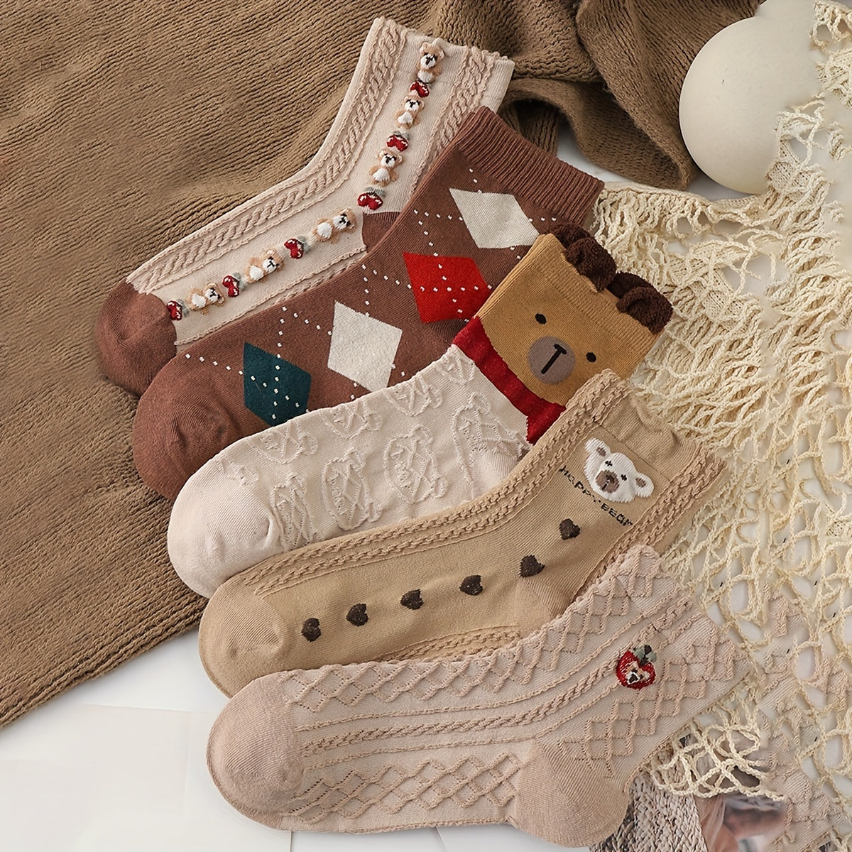 5 Pairs Textured Bear & Geometric Pattern Socks Women's Stockings