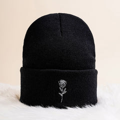 Mature Rose Vintage Embroidered Knit Hat With Rose Print