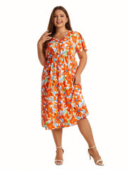 Floral Print V-Neck Midi Dress, Plus Size