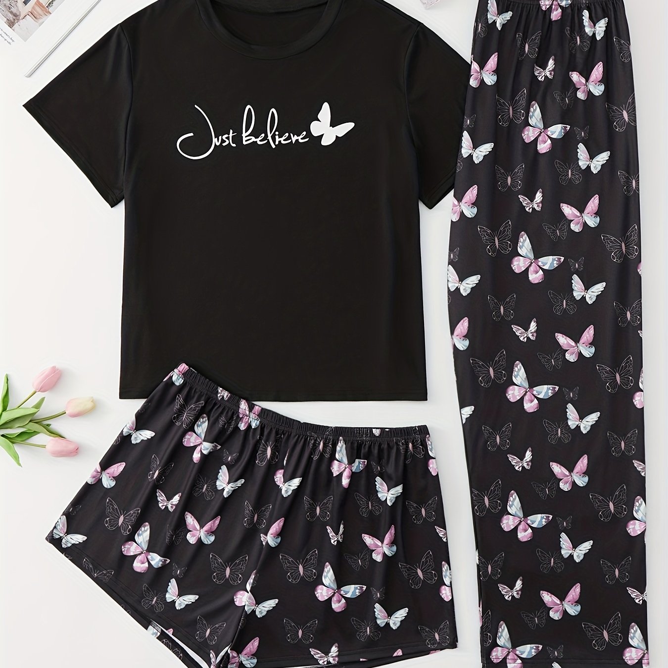 Butterfly Print Tee & Shorts & Pants Loungewear Set