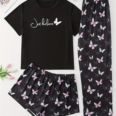 Butterfly Print Tee & Shorts & Pants Loungewear Set
