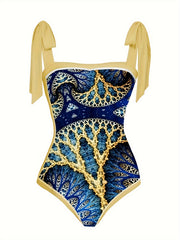 Women's Plus Mushroom Print Tie Shoulder One Piece Swimsuit & Wrap Skirt Set