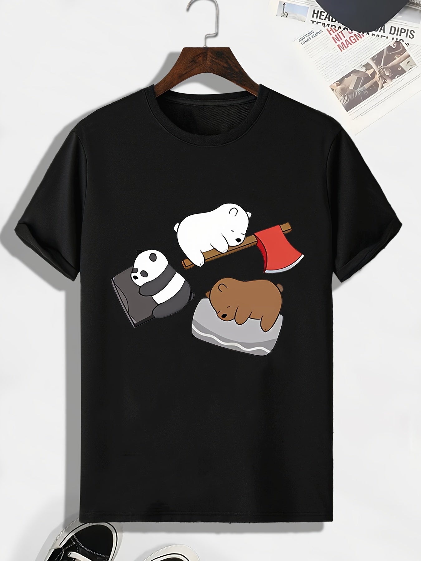 Men's Cartoon Bear Pattern T shirt Casual Slightly Stretch Tee