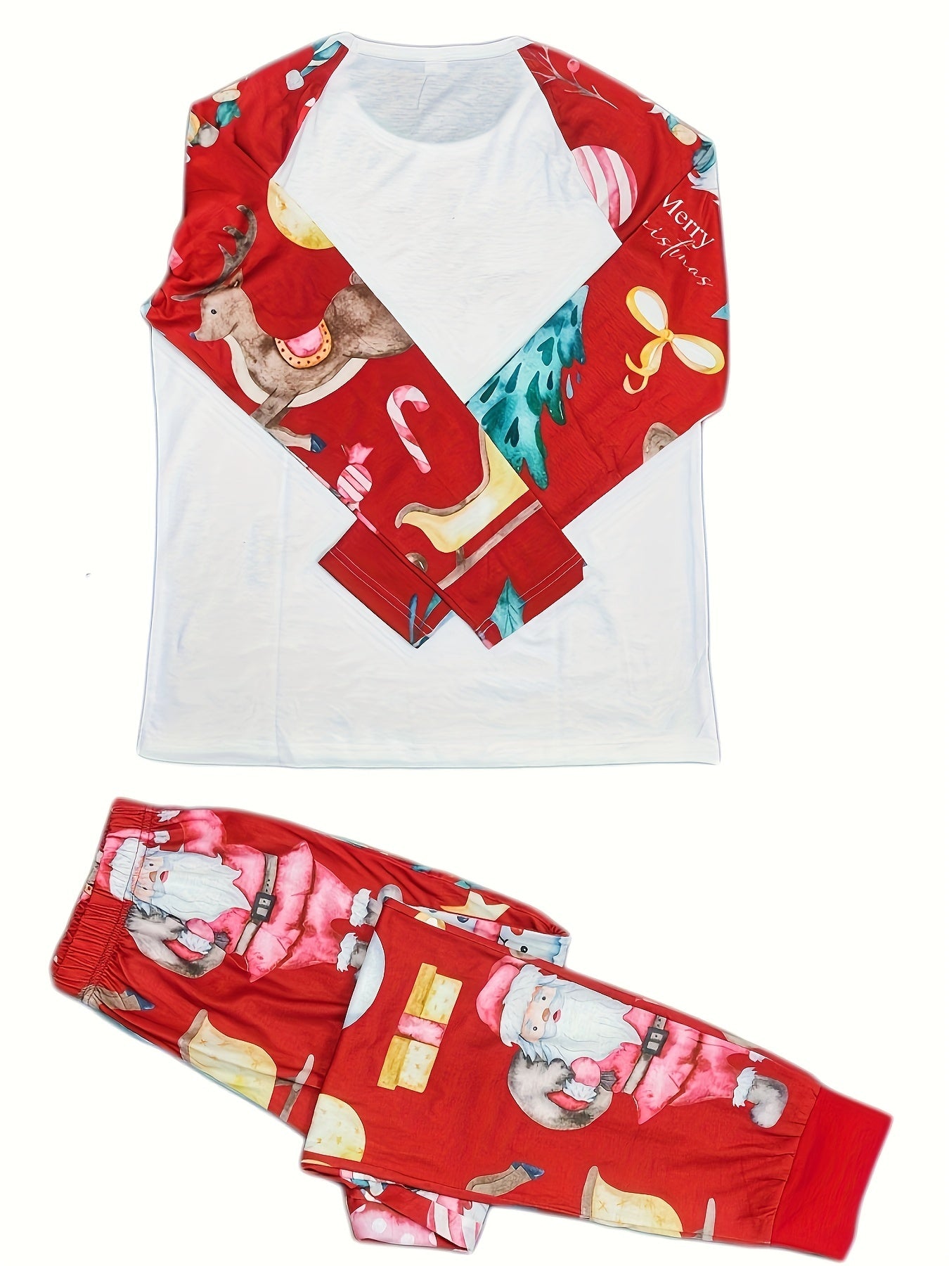 Christmas Print Pajama Set Long Sleeve Crew Neck Top & Elastic Waistband Pants