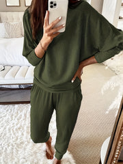 Solid Ribbed Top & Pants Set, Long Sleeve Round Neck, Casual 2-Piece