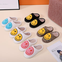 Women's Cartoon Smile Face Funny Slippers Warm Plush Lined Slip On Shoes