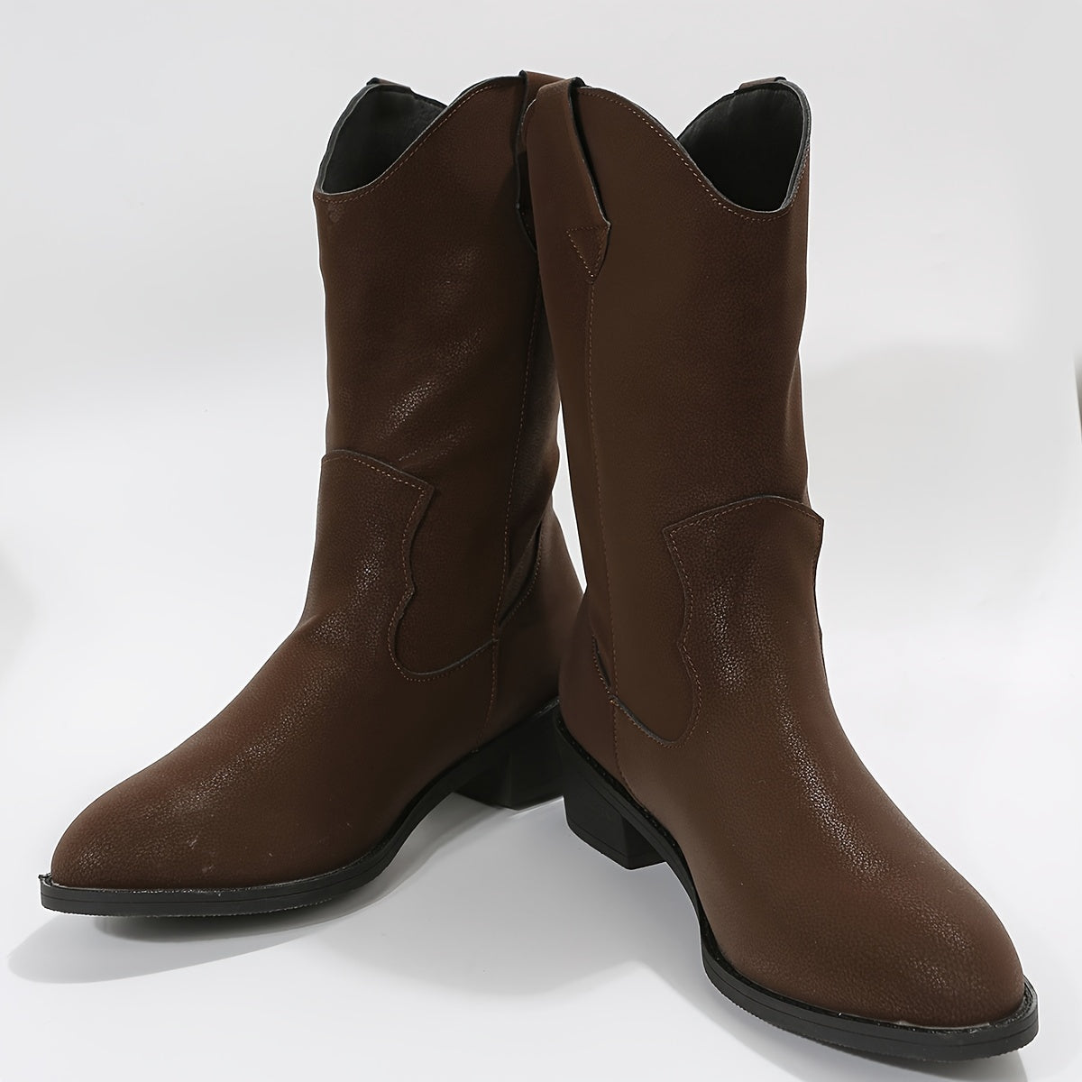 Women's V Cut Mid Calf Boots Slip On Block Heel Cowgirl Boots