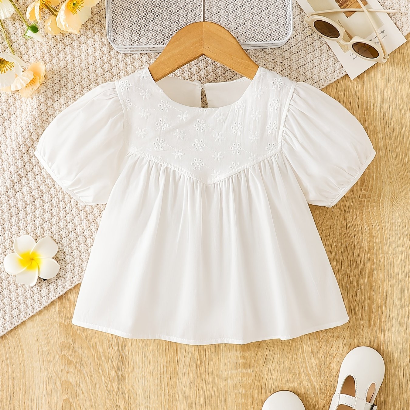 Girls Casual Puff Sleeve Flower Blouse Short Sleeve Top