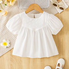 Girls Casual Puff Sleeve Flower Blouse Short Sleeve Top