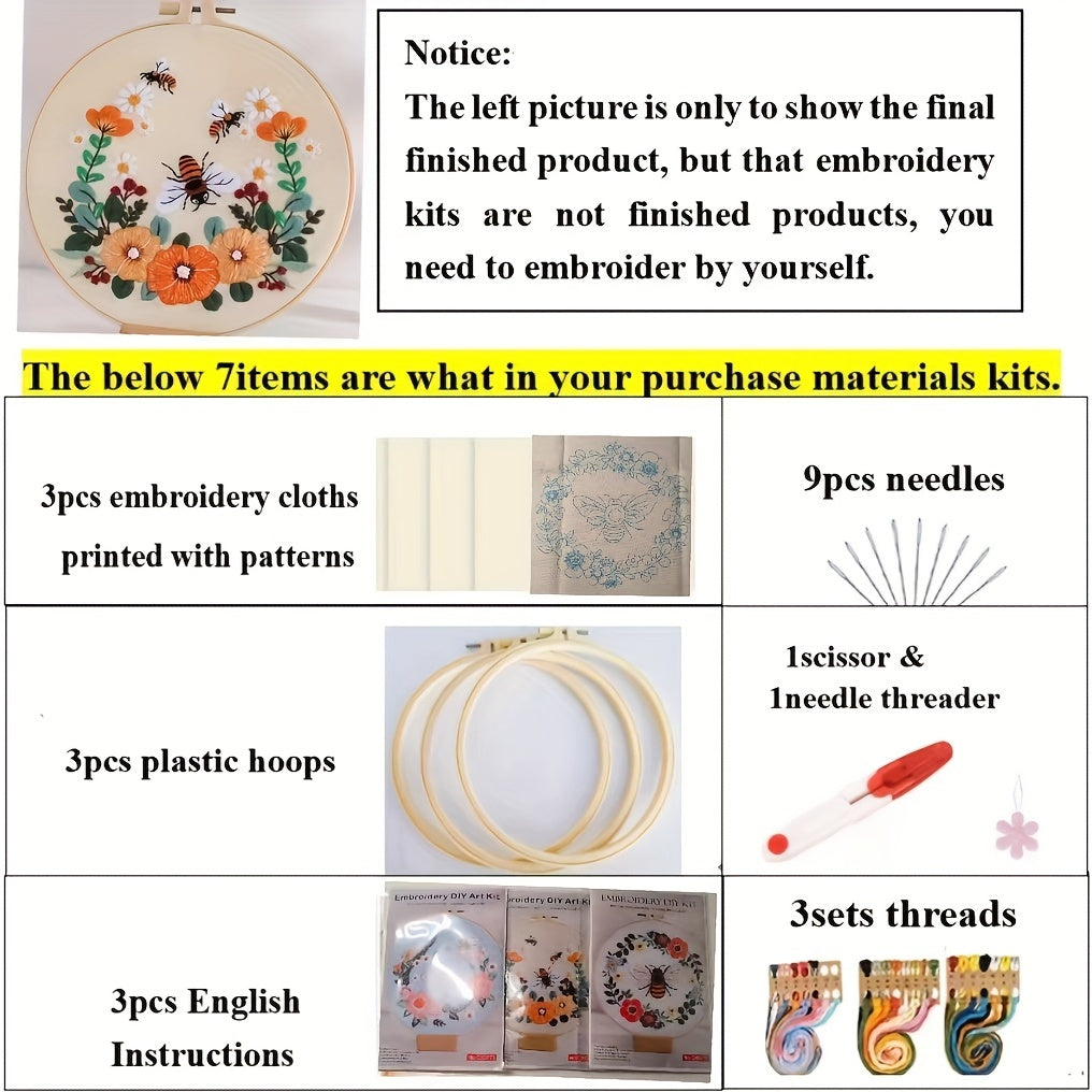 3 Pack Starter Embroidery Kits with Honeybee Flower Patterns
