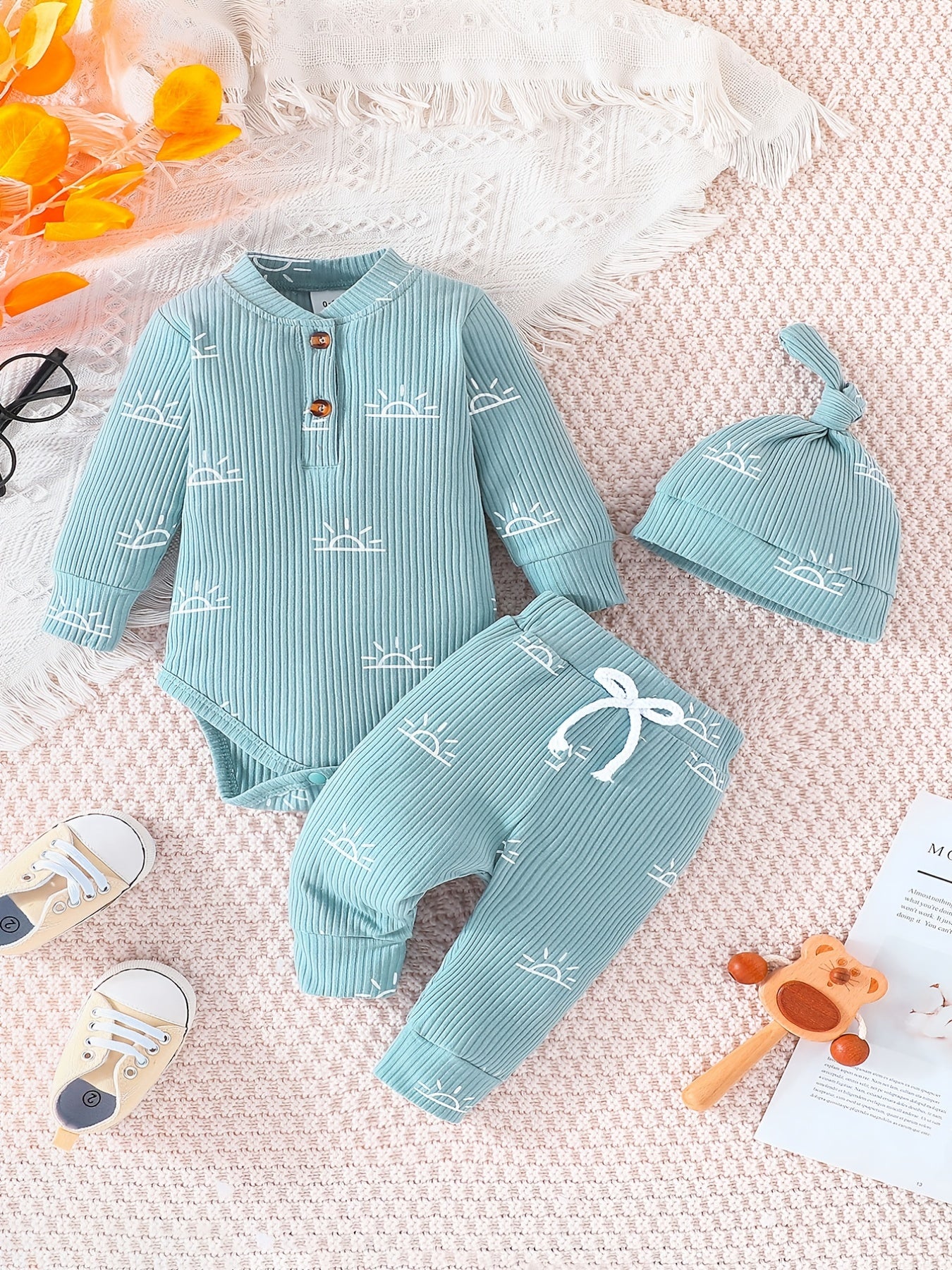 Infant Baby Boy Clothes Ribbed Knitted Sun Print Long Sleeve Romper