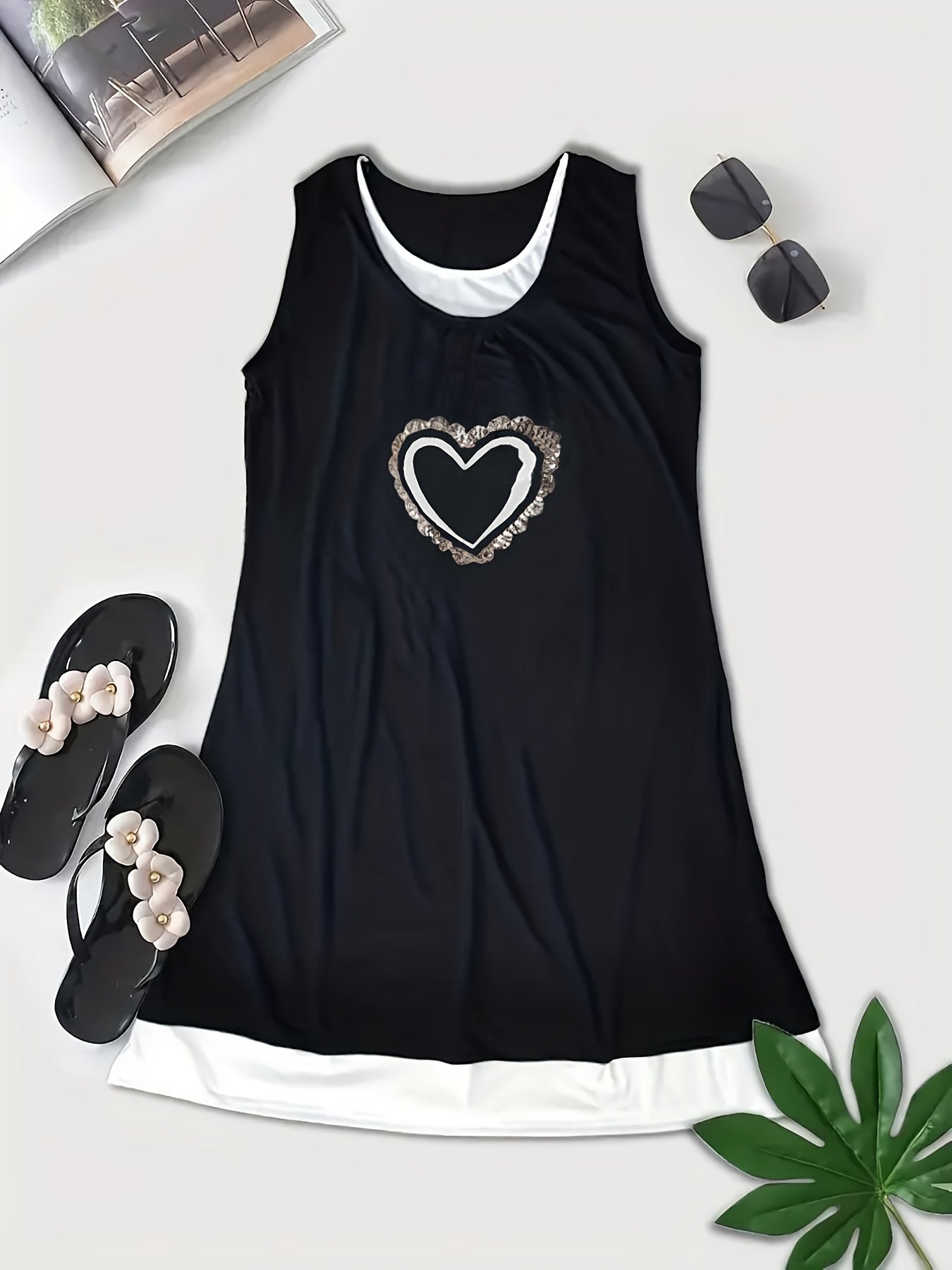 Heart Print Tank Dress Women's Plus Layered Round Neck Dress