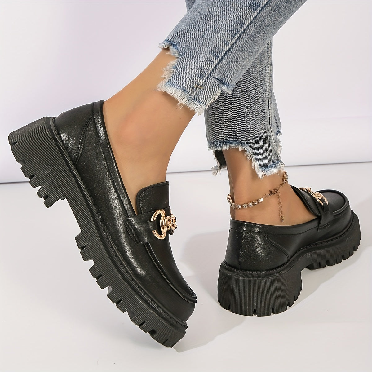 Platform Loafers Metallic Buckle Chunky Heeled Shoes Slip On Shoes