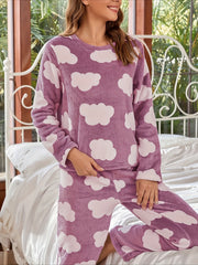 Cloud Print Pajamas Set Long Sleeve Top & Fuzzy Pants