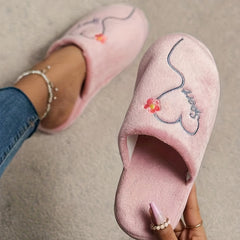 Women's Pink Love Plush Slippers Warm Fuzzy Home Shoes