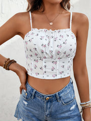 Floral Print Ruffle Trim Cami Top Backless Crop Spaghetti Strap Top