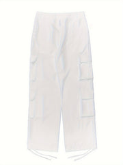 Solid Color Loose Cargo Pants with Elastic Waist