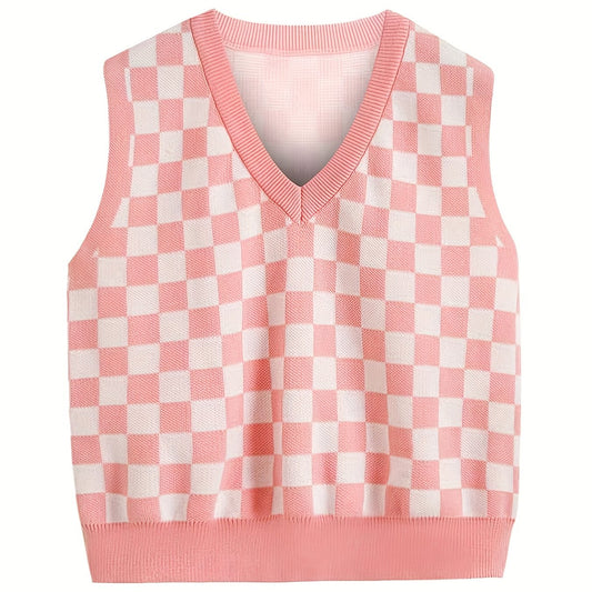 Checkerboard Sleeveless Knitted Vest for Summer Party